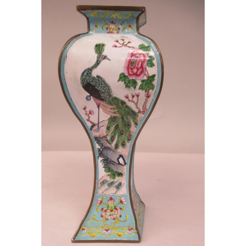 30 - A 20thC Chinese enamelled brass vase of waisted, diamond outlined form, decorated panels with landsc... 