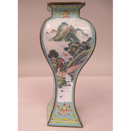 30 - A 20thC Chinese enamelled brass vase of waisted, diamond outlined form, decorated panels with landsc... 