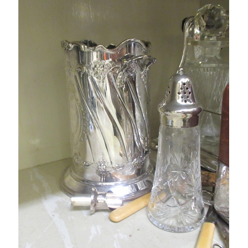 316 - Silver plated table and other wares: to include a late Victorian egg cruet on an attendant stand; an... 