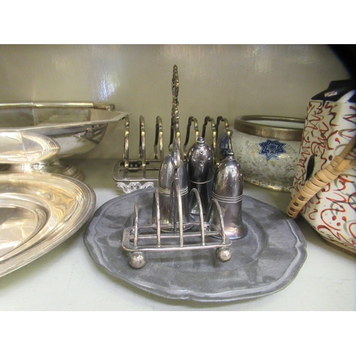 35 - Silver plated and other domestic tableware: to include an octagonal pedestal basket with a swing han... 