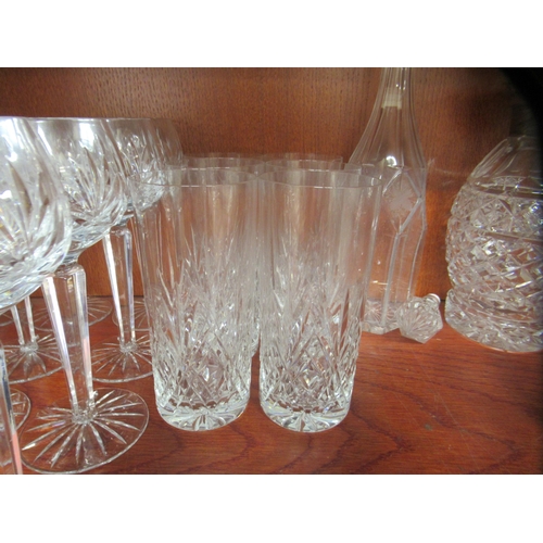 59 - Domestic glassware: to include a cut crystal ships decanter with a silver label, on a chain  Birming... 