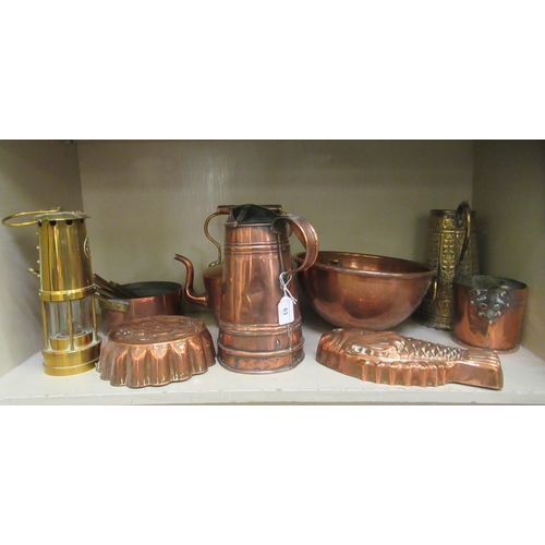 63 - Antique copper and brassware: to include a half gallon jug measure; and an W Thomas & Williams, ... 