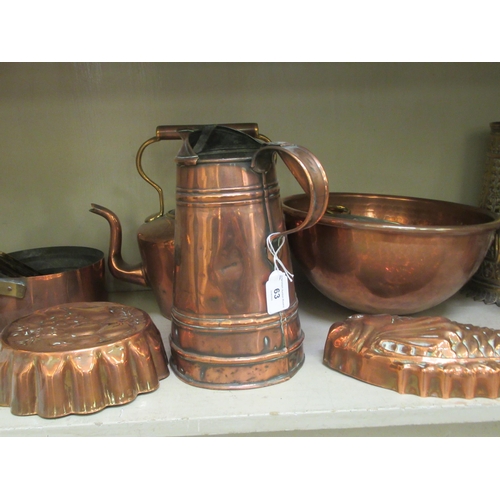 63 - Antique copper and brassware: to include a half gallon jug measure; and an W Thomas & Williams, ... 