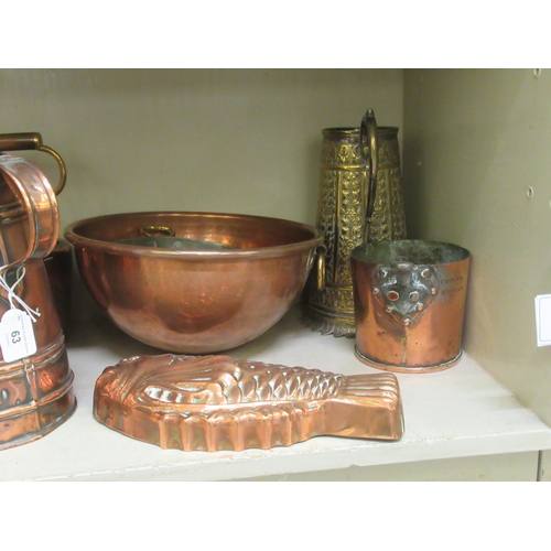 63 - Antique copper and brassware: to include a half gallon jug measure; and an W Thomas & Williams, ... 