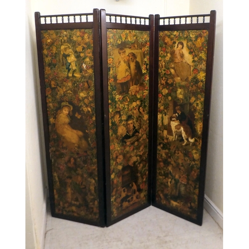 7 - An early 20thC stained pine framed three fold room screen, each panel 68