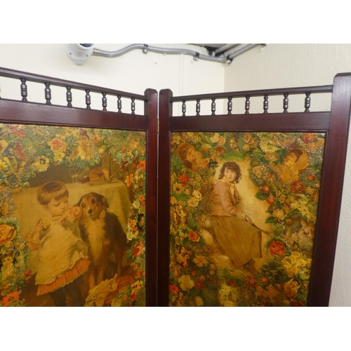 7 - An early 20thC stained pine framed three fold room screen, each panel 68