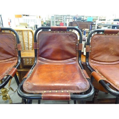 55 - A set of six vintage painted tubular steel framed bar stools with stitched, padded and studded soft ... 