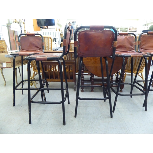 55 - A set of six vintage painted tubular steel framed bar stools with stitched, padded and studded soft ... 