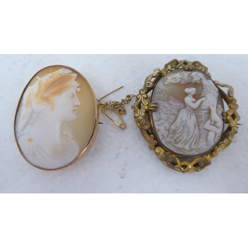 105 - Two gold coloured metal cameo brooches&nbsp;