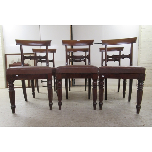108 - A set of six William IV framed round bar crest dining chairs with carved horizontal splats, the faux... 
