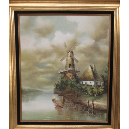 89 - 20thC Continental School - a windmill beside still water&nbsp; oil on canvas&nbsp; 23