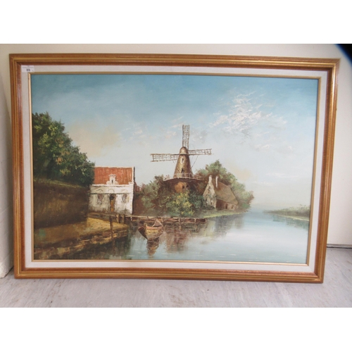 89 - 20thC Continental School - a windmill beside still water&nbsp; oil on canvas&nbsp; 23
