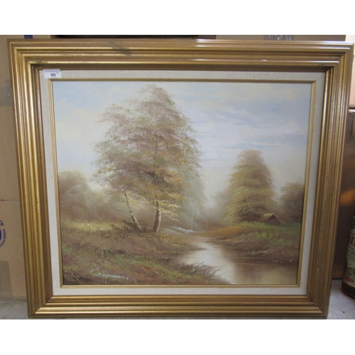 90 - 20thC British School - a woodland pond scene&nbsp; oil on canvas&nbsp; bears an indistinct signature... 