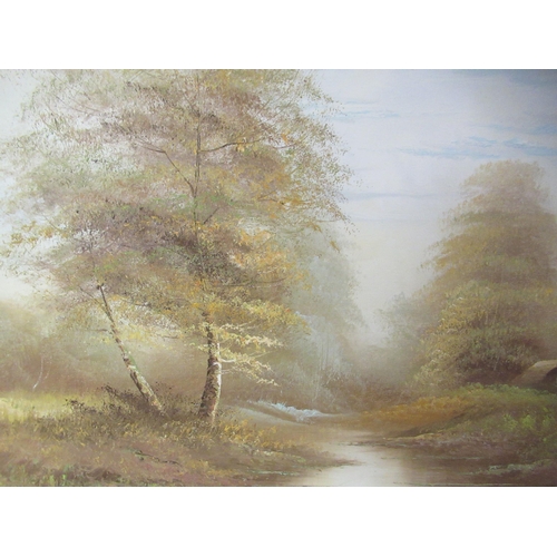 90 - 20thC British School - a woodland pond scene&nbsp; oil on canvas&nbsp; bears an indistinct signature... 