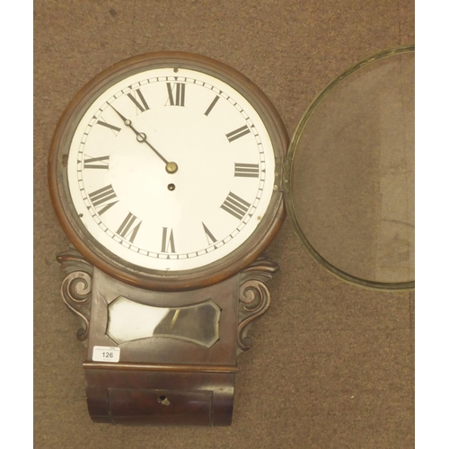 126 - A late Victorian mahogany cased drop dial timepiece with a turned surround and pendulum window; the ... 