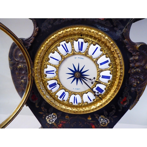 129 - A late 19thC French black lacquered and boulleworked oak cased balloon shape mantel timepiece with a... 