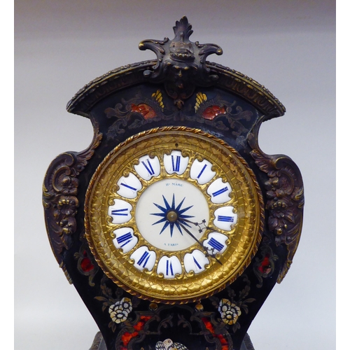 129 - A late 19thC French black lacquered and boulleworked oak cased balloon shape mantel timepiece with a... 