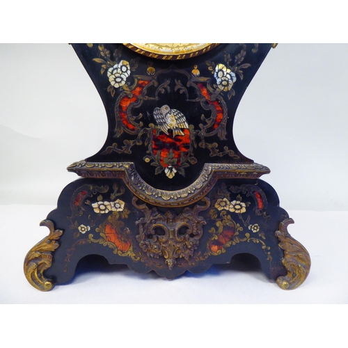 129 - A late 19thC French black lacquered and boulleworked oak cased balloon shape mantel timepiece with a... 