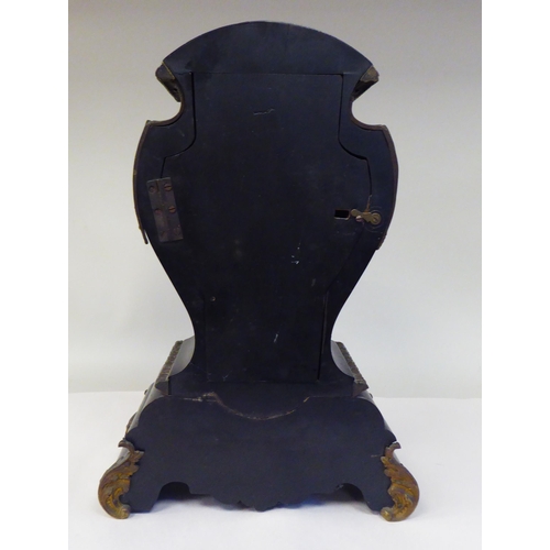 129 - A late 19thC French black lacquered and boulleworked oak cased balloon shape mantel timepiece with a... 