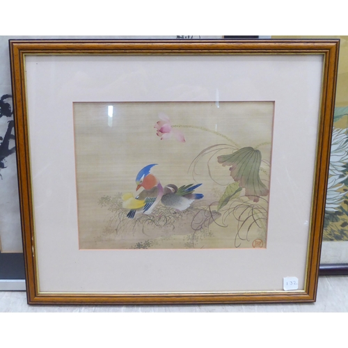 132 - Variously framed, 20thC Chinese mixed media pictures, viz. a mountainous landscape  18