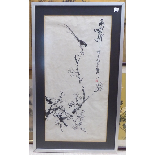 132 - Variously framed, 20thC Chinese mixed media pictures, viz. a mountainous landscape  18