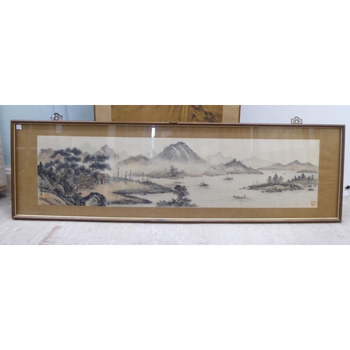 132 - Variously framed, 20thC Chinese mixed media pictures, viz. a mountainous landscape  18