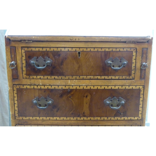 138 - A modern lady's Queen Anne inspired yewwood finished and string inlaid walnut bureau, the upper part... 