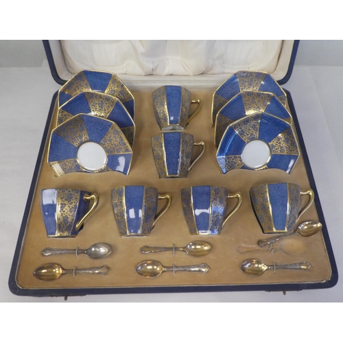 155 - A 1930s set of six Royal Doulton china octagonal shaped coffee cups and saucers with sponged blue an... 