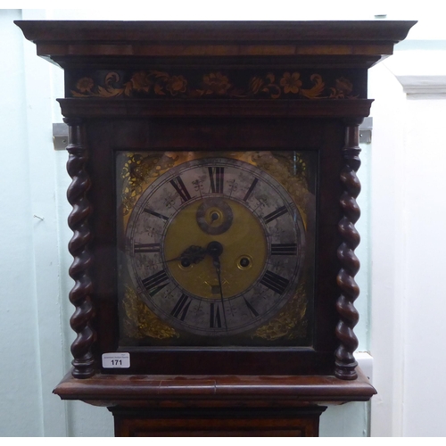 171 - A late 18thC walnut figured mahogany and marquetry longcase clock; the hood with a straight top and ... 