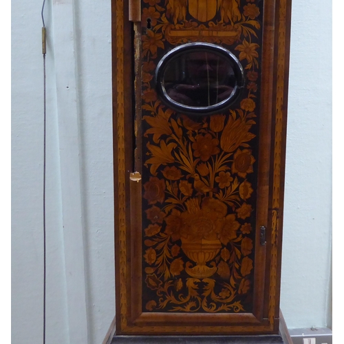 171 - A late 18thC walnut figured mahogany and marquetry longcase clock; the hood with a straight top and ... 