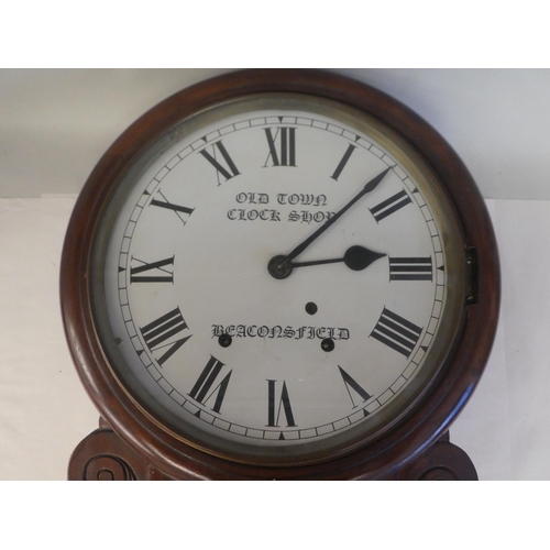 175 - A late 19thC and later mahogany cased drop-dial wall clock with a turned surround and pendulum windo... 