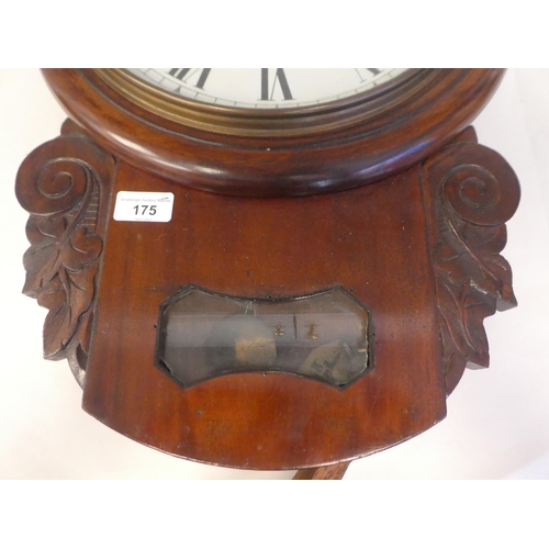 175 - A late 19thC and later mahogany cased drop-dial wall clock with a turned surround and pendulum windo... 