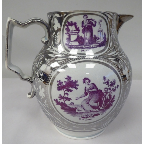 19 - An early 19thC silver lustreware pottery jug of bulbous form, celebrating the birth of one Thomas Fi... 