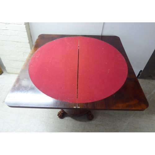 209 - A William IV rosewood card table, the rotating foldover top raised on a bulbous, reeded, pedestal, o... 