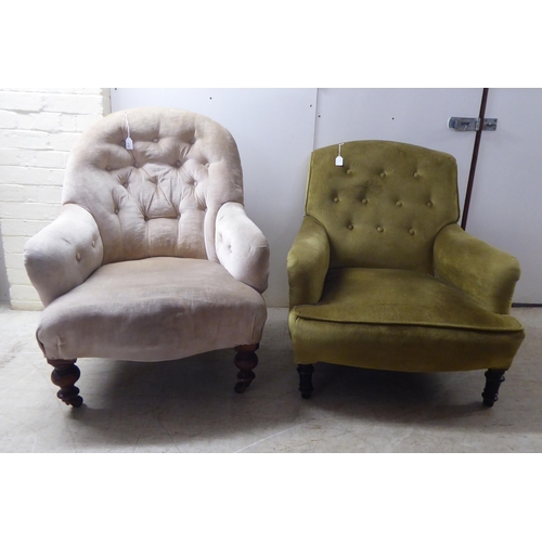 212 - Two Edwardian fabric upholstered armchairs, one upholstered in soft pink fabric, the other in green,... 