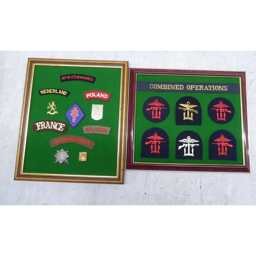 225 - Variously themed fabric and other badges, displayed on fabric covered boards and frame (Please Note:... 