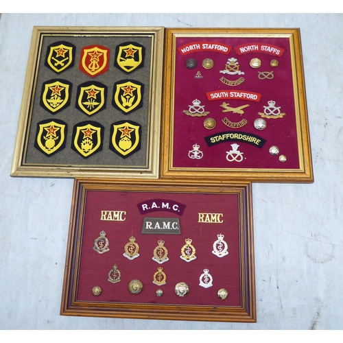 225 - Variously themed fabric and other badges, displayed on fabric covered boards and frame (Please Note:... 