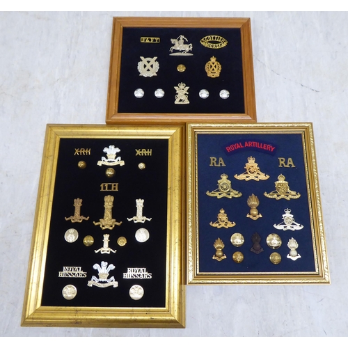 225 - Variously themed fabric and other badges, displayed on fabric covered boards and frame (Please Note:... 