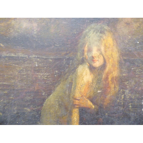 37 - Late 19thC School - a study of a girl with long hair, posing in a shallow pool  oil on board&nb... 