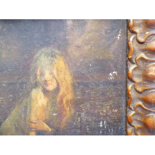 37 - Late 19thC School - a study of a girl with long hair, posing in a shallow pool  oil on board&nb... 