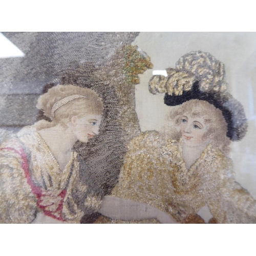 47 - A 19thC woven and part painted silk picture, depicting an allegorical scene in a woodland setting&nb... 