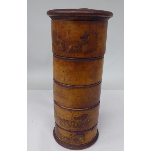 53 - An antique, turned treen spice tower with threaded connections, comprising five graduated sections&n... 