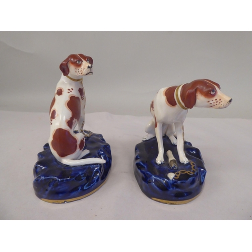 57 - A pair of Staffordshire pottery models, seated, malevolent hounds, each set on a gilded midnight blu... 