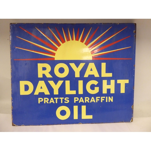 62 - A vintage, double sided, blue, yellow and red steel enamel advertising sign for 'Royal Daylights Pra... 