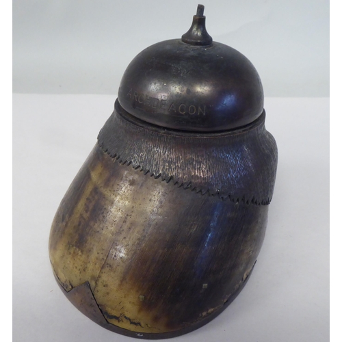 93 - An early 20thC desktop reception bell, fashioned from a horses hoof and overlaid in bronze finished ... 