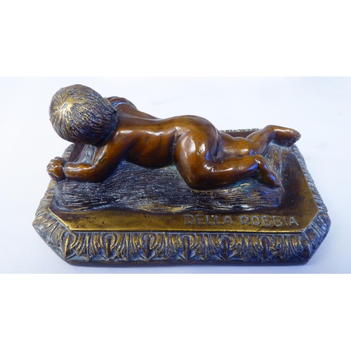 296 - A bronze, a crawling child, the plinth impressed 'Della Robbia'; a reproduction of an Art Deco bust ... 