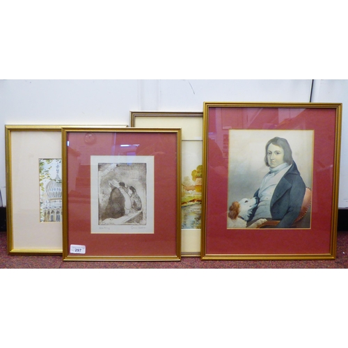 297 - Four framed pictures: to include three watercolours  bearing signatures; and after Jena Oster -... 