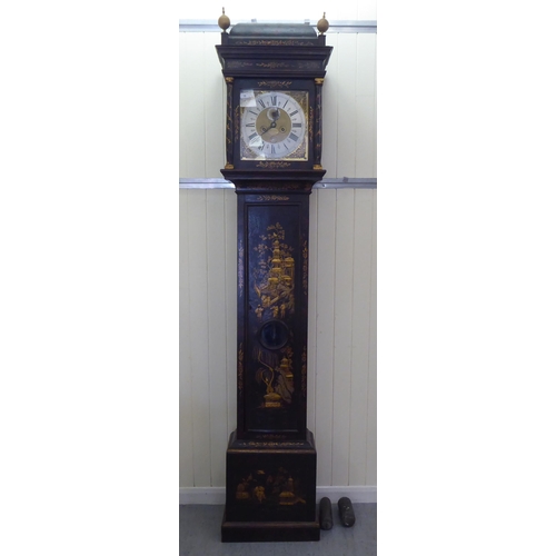 10 - An 18thC longcase clock, painted in chinoiserie with buildings and flora, the domed top hood over a ... 