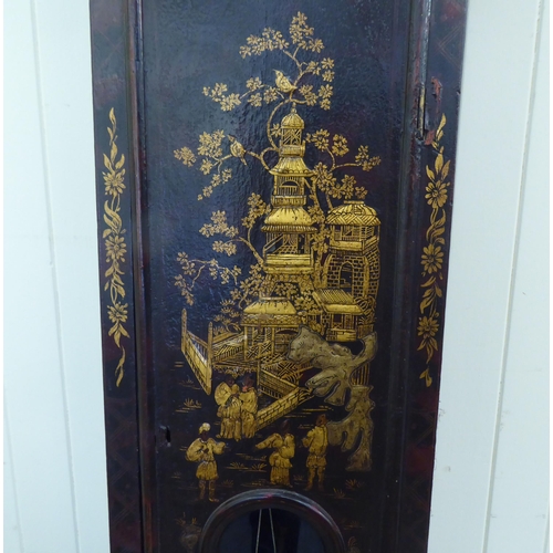 10 - An 18thC longcase clock, painted in chinoiserie with buildings and flora, the domed top hood over a ... 