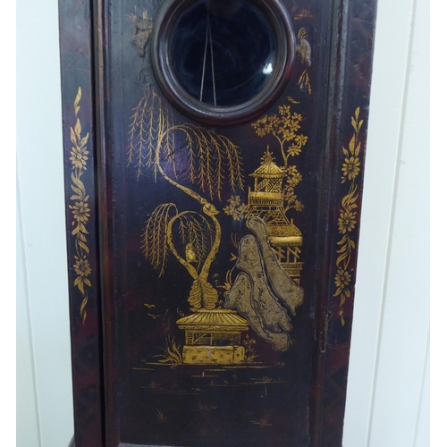 10 - An 18thC longcase clock, painted in chinoiserie with buildings and flora, the domed top hood over a ... 